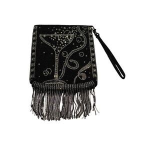 Mary Frances Black Beaded Martini Glass Clutch Wristlet Fringe Bag Cocktail